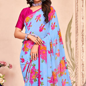 Blue Casual Wear Floral Printed Georgette Saree - Peachmode