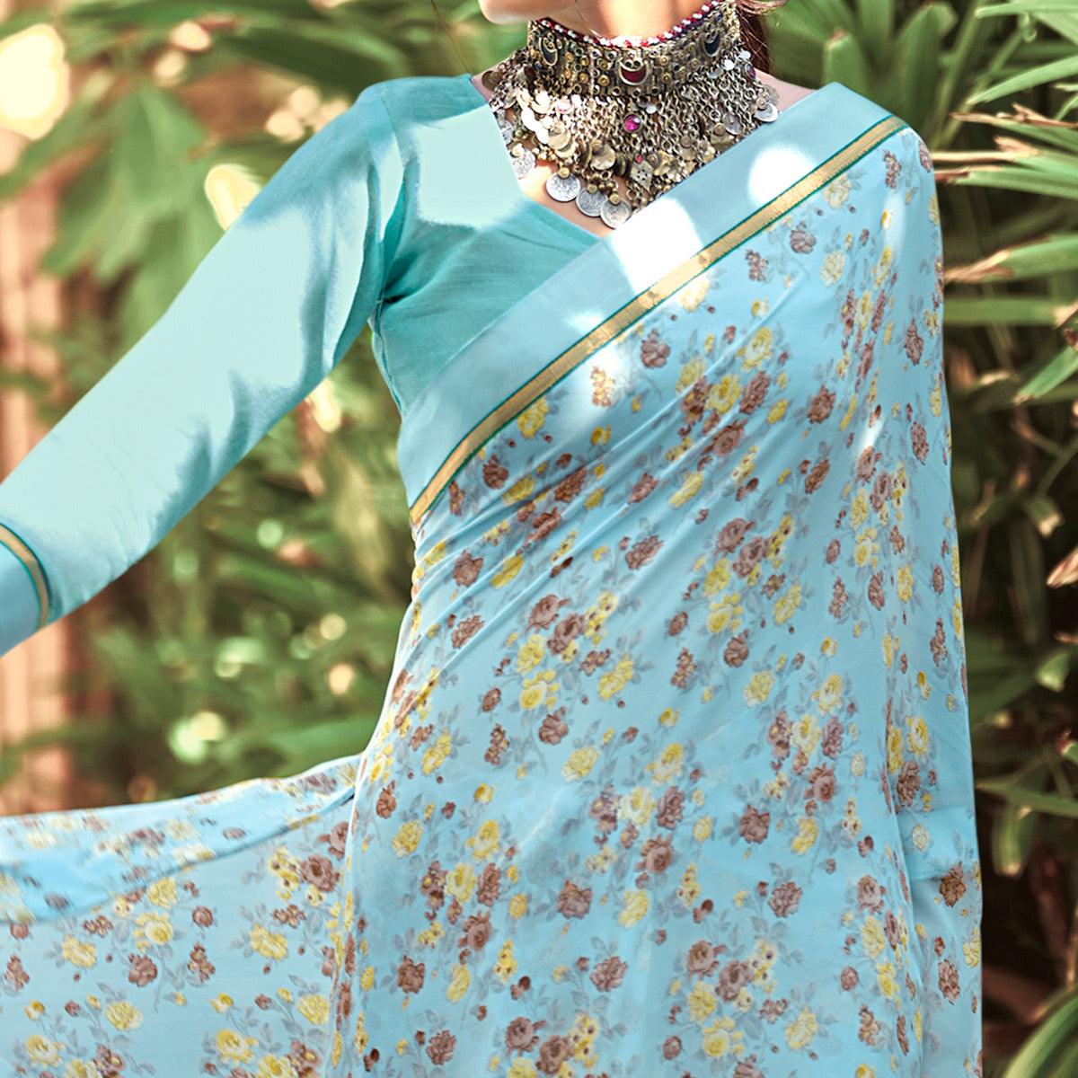 Blue Casual Wear Floral Printed Georgette Saree - Peachmode