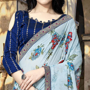 Blue Casual Wear Floral Printed Georgette Saree With Lace Border - Peachmode
