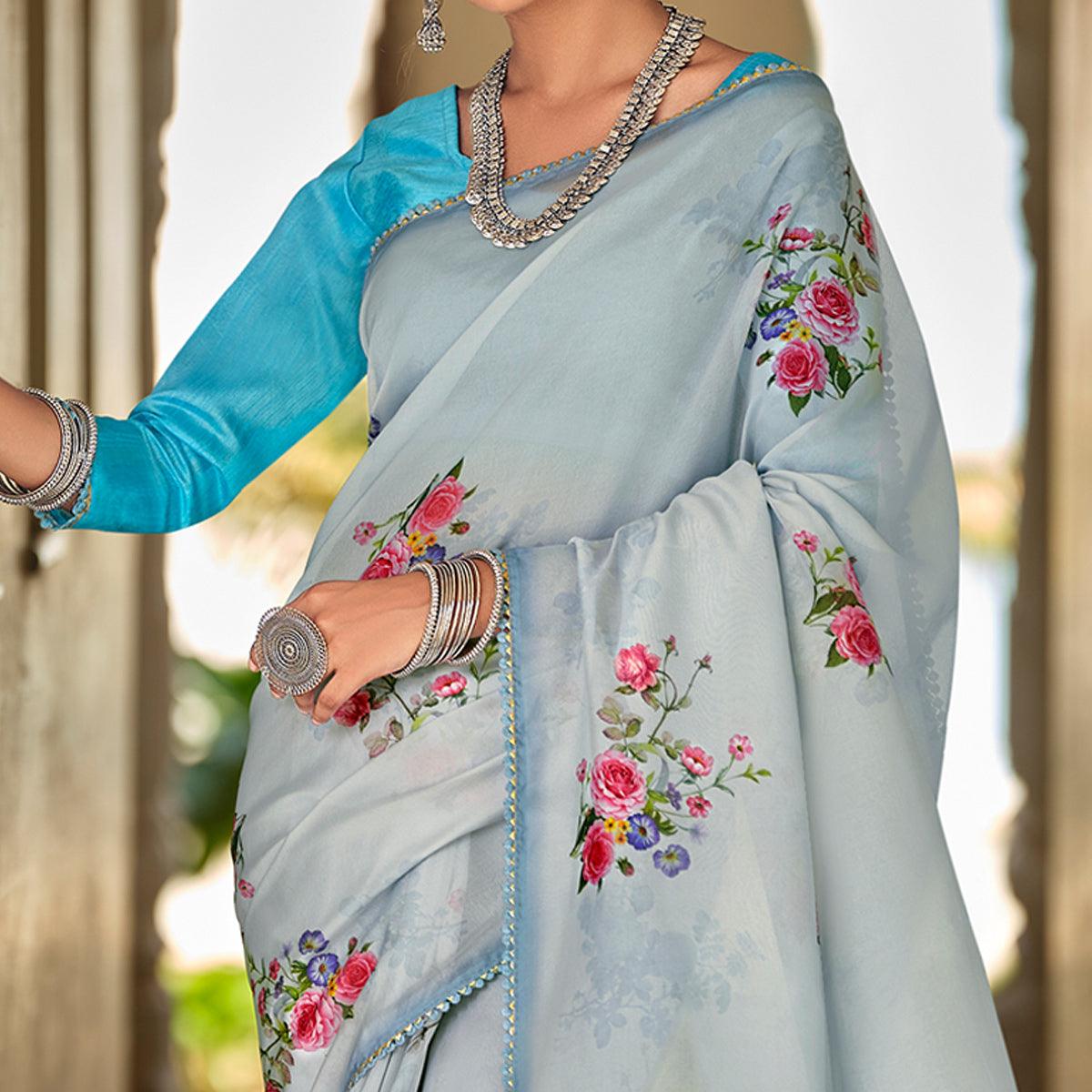 Blue Casual Wear Floral Printed Heavy Organza Silk Saree - Peachmode