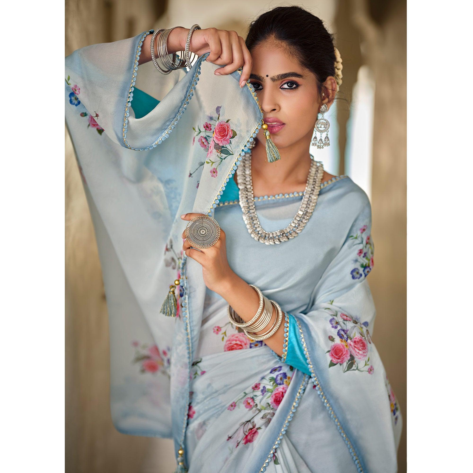 Blue Casual Wear Floral Printed Heavy Organza Silk Saree - Peachmode
