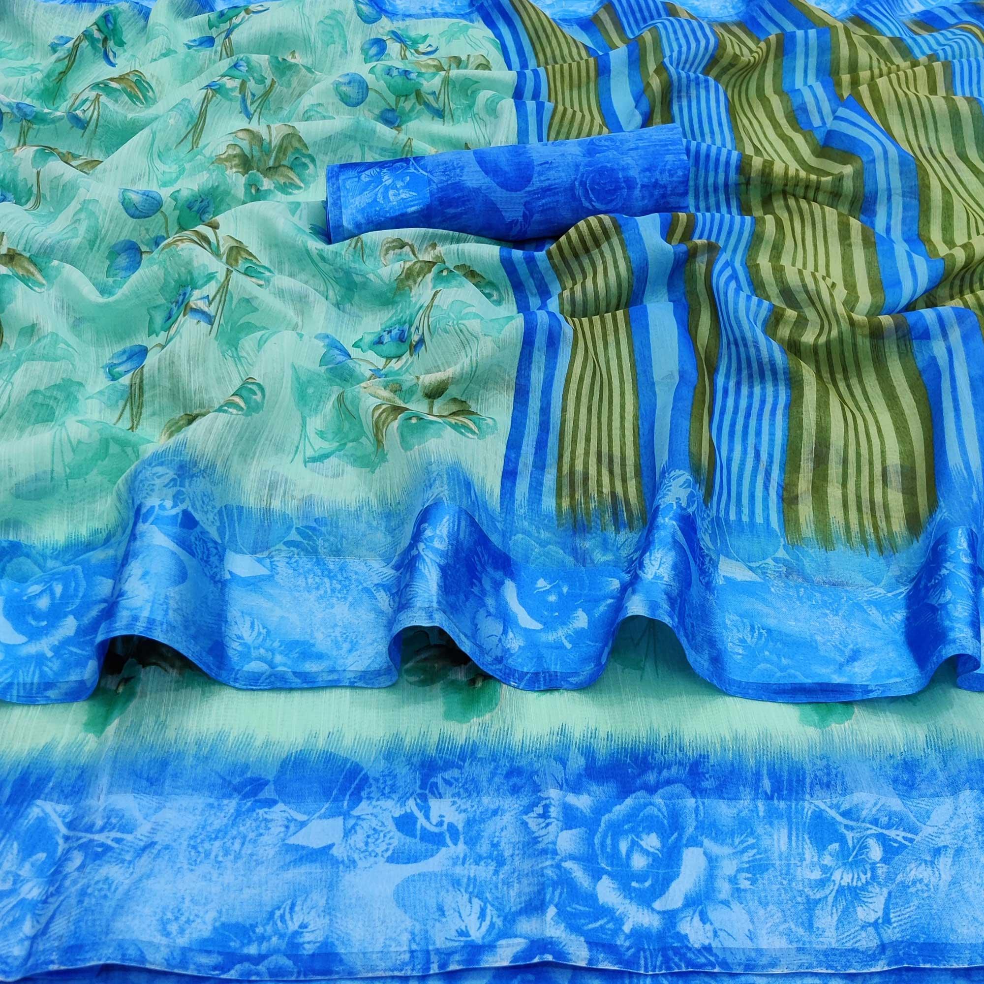 Blue Casual Wear Floral Printed Linen-Satin Saree - Peachmode