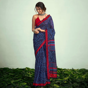 Blue Casual Wear Floral Printed Mul Mul Cotton Saree - Peachmode