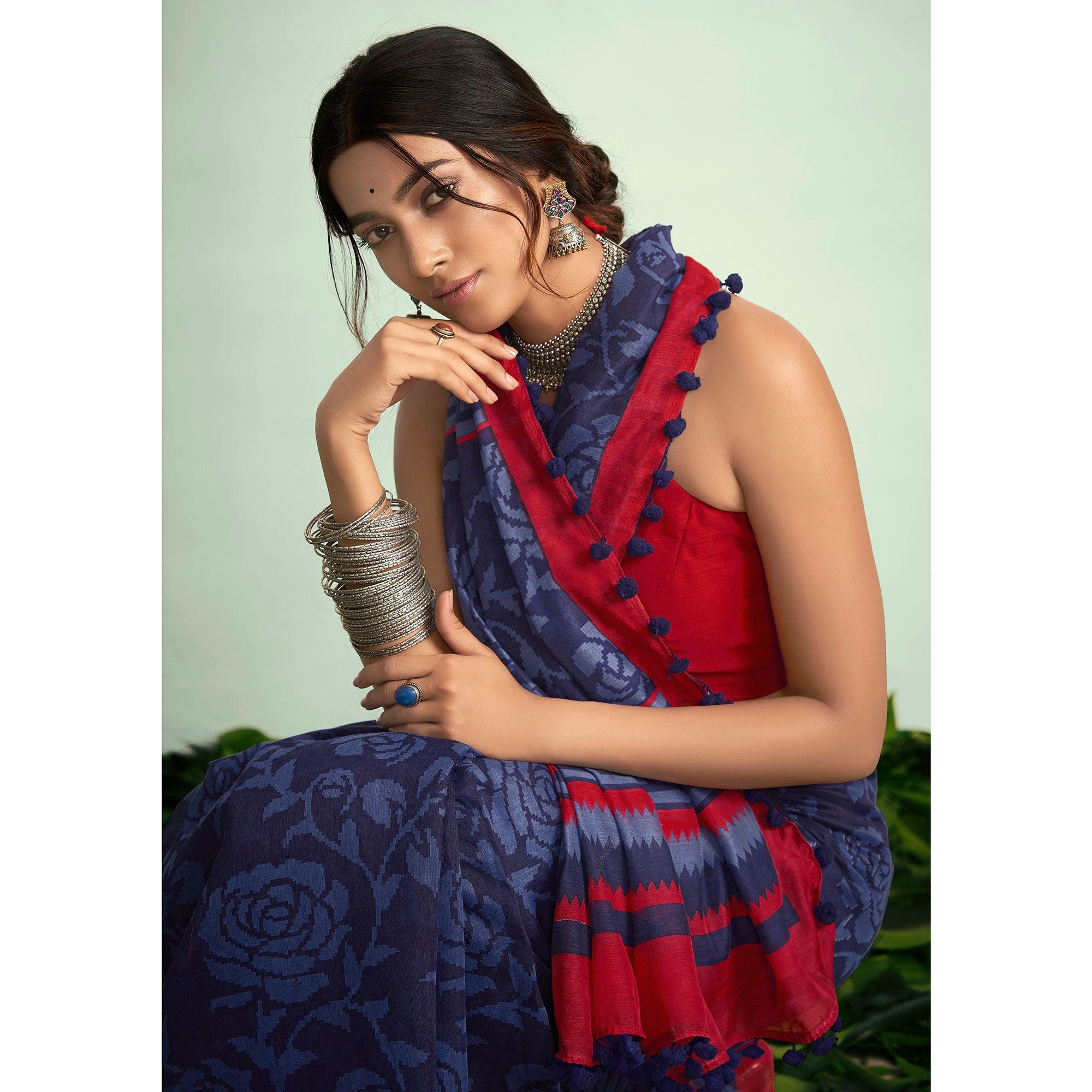 Blue Casual Wear Floral Printed Mul Mul Cotton Saree - Peachmode