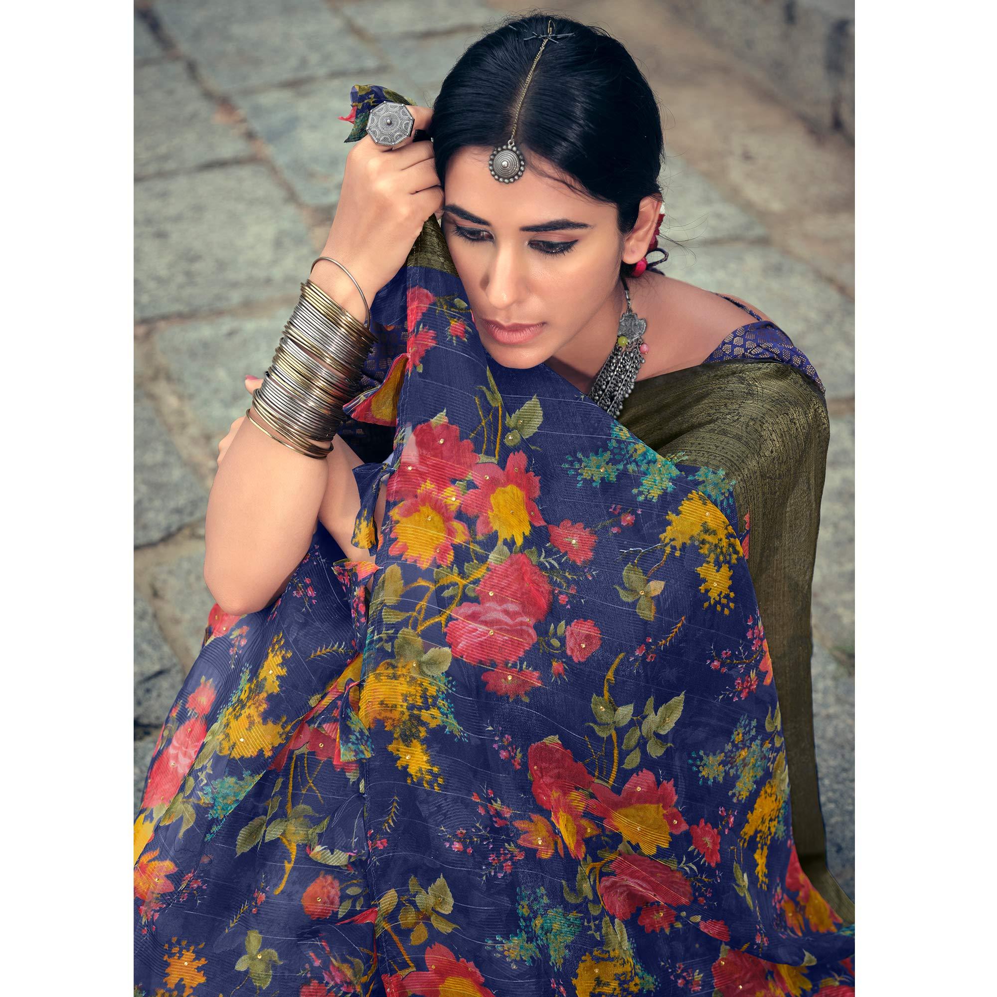 Blue Casual Wear Floral Printed Organza Saree With Jacquard Border - Peachmode