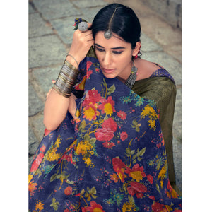 Blue Casual Wear Floral Printed Organza Saree With Jacquard Border - Peachmode