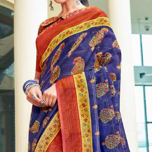 Blue Casual Wear Floral Printed Pure Linen Saree - Peachmode
