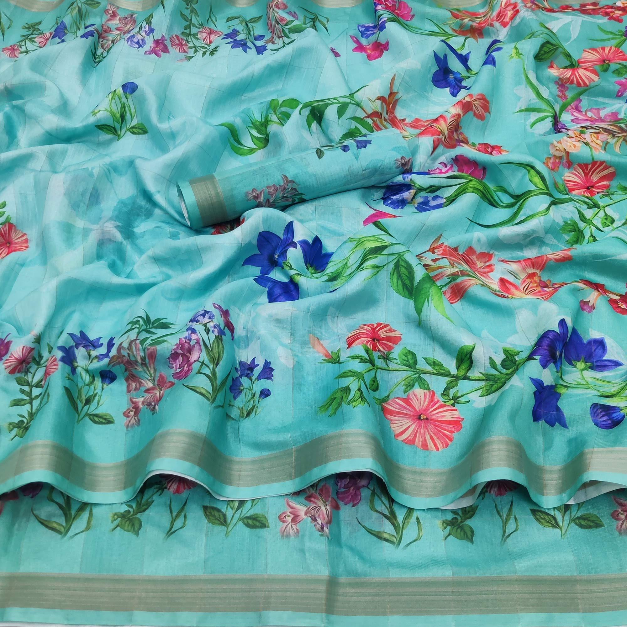 Blue Casual Wear Floral Printed Silk Saree - Peachmode