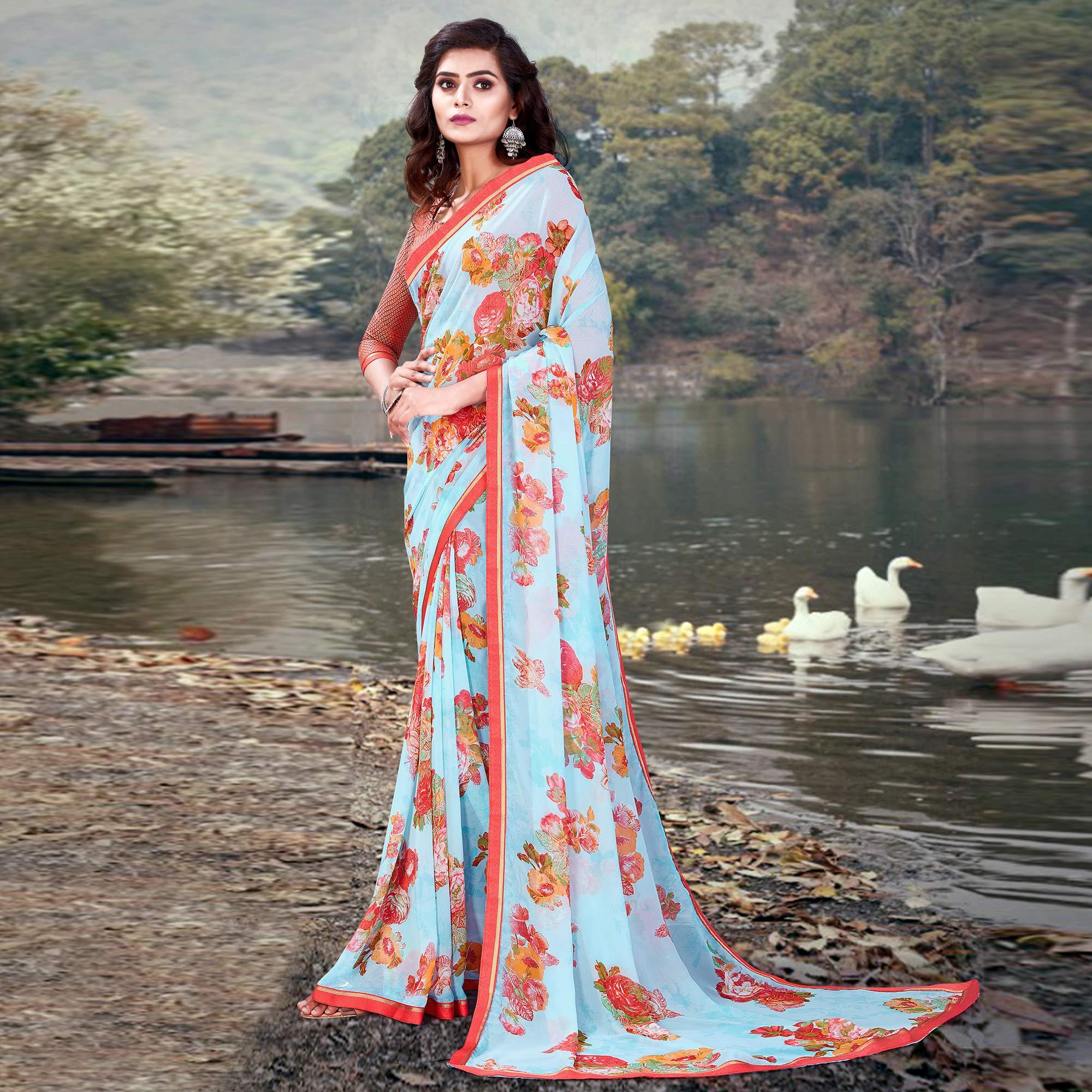 Blue Casual Wear Floral Printed With Lace Border Weightless Georgette Saree - Peachmode