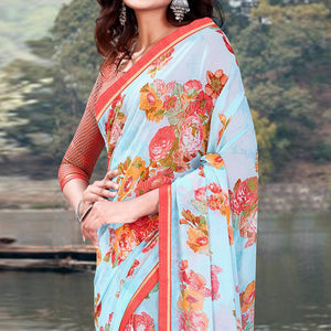 Blue Casual Wear Floral Printed With Lace Border Weightless Georgette Saree - Peachmode