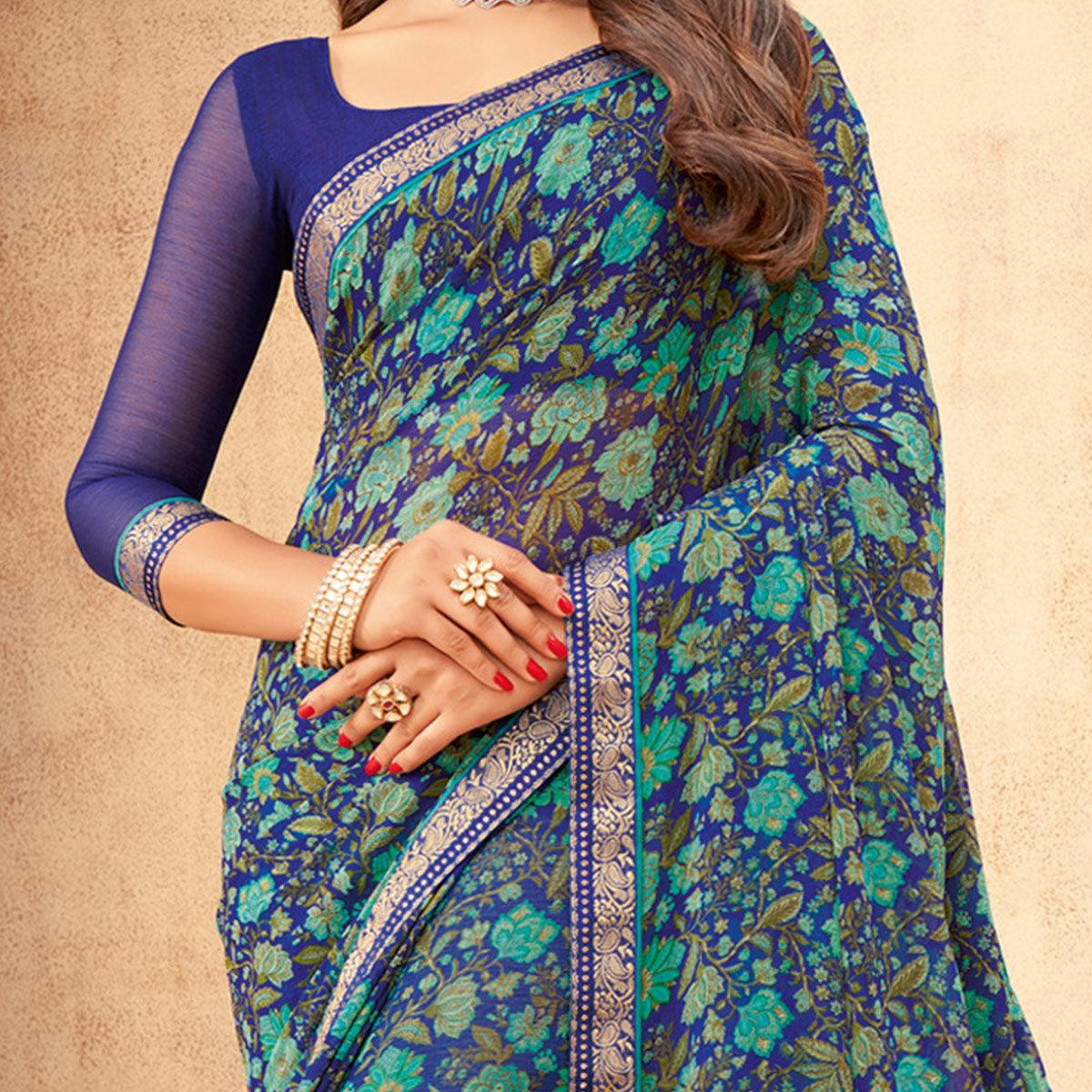 Blue Casual Wear Floral Printed with Tassels Chiffon Saree - Peachmode