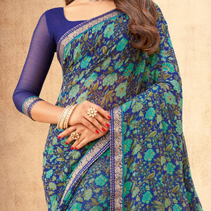 Blue Casual Wear Floral Printed with Tassels Chiffon Saree - Peachmode