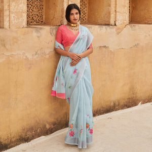 Blue Casual Wear Floral Printed Zari Border Soft Linen Cotton Saree - Peachmode