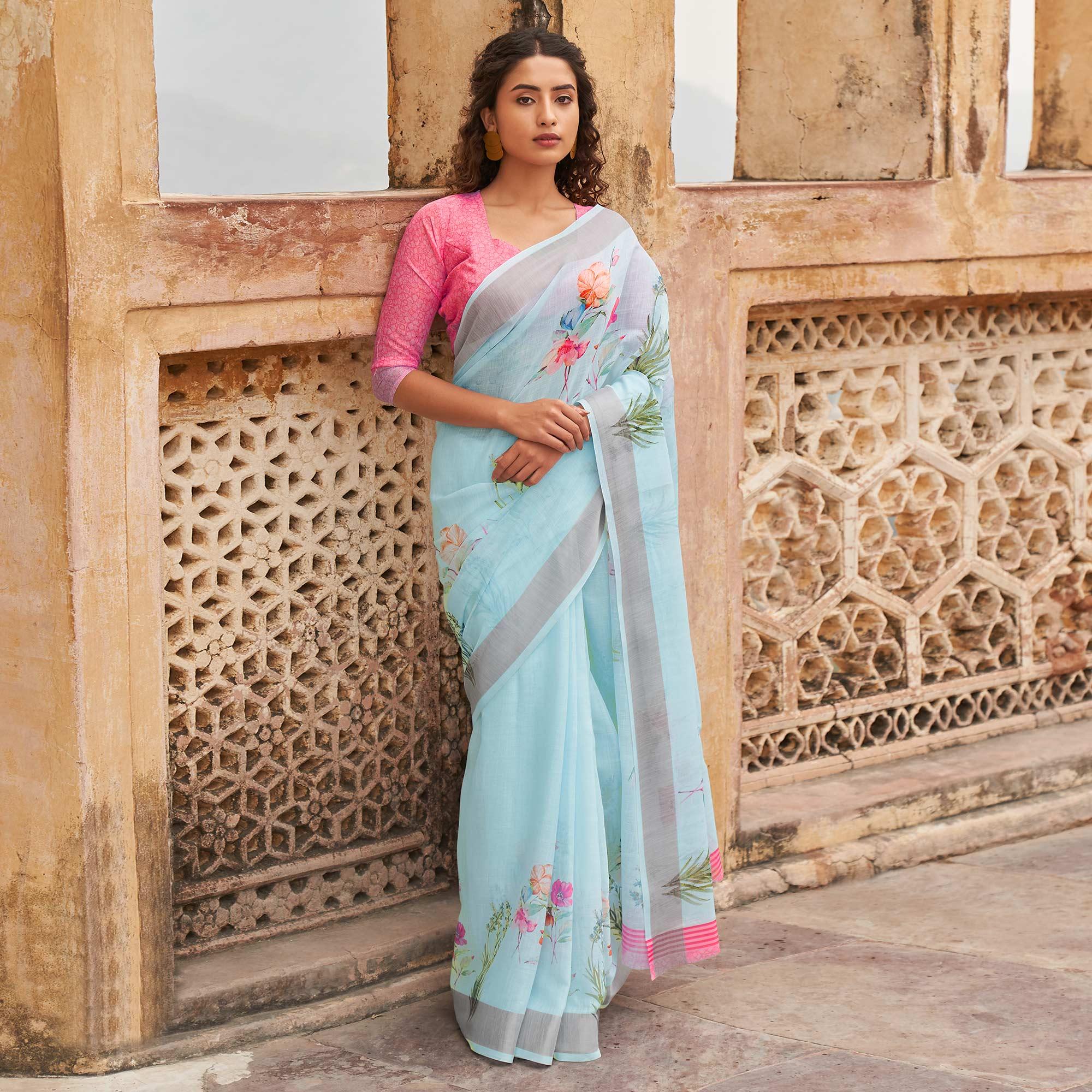 Blue Casual Wear Floral Printed Zari Border Soft Linen Cotton Saree - Peachmode