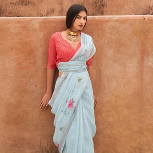 Blue Casual Wear Floral Printed Zari Border Soft Linen Cotton Saree - Peachmode