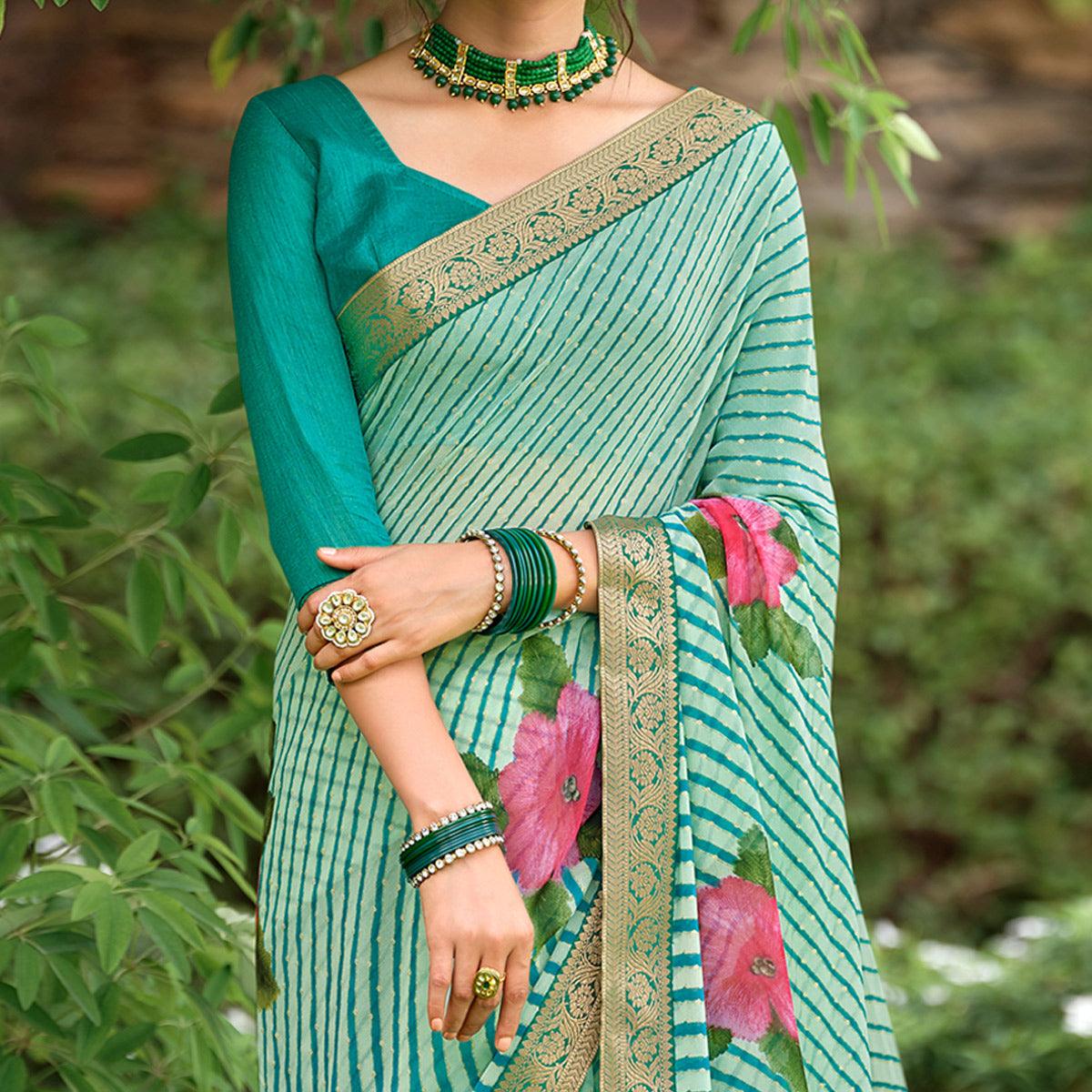 Blue Casual Wear Floral With Striped Printed Georgette Saree - Peachmode
