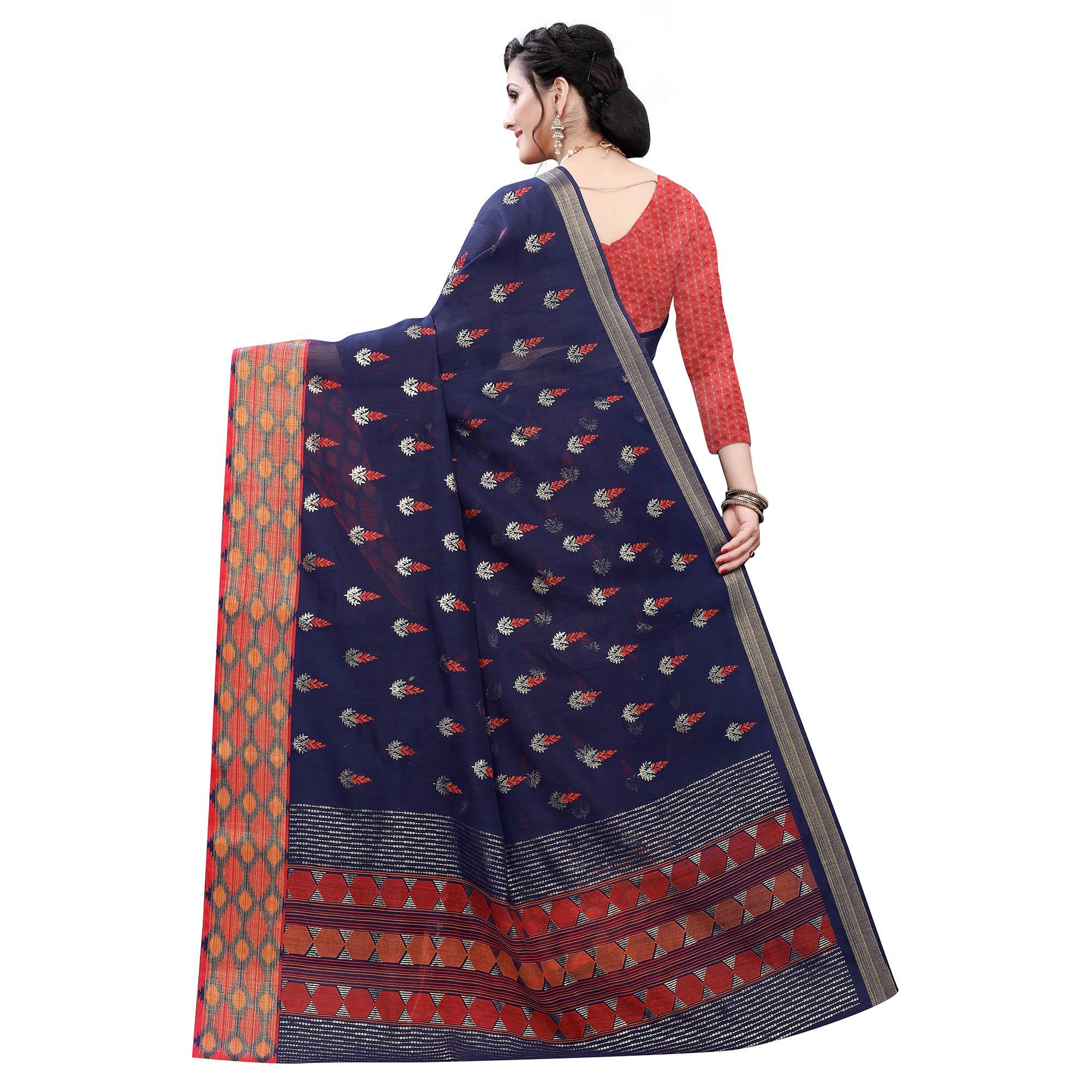 Blue Casual Wear Foil Printed Cotton Silk Saree - Peachmode