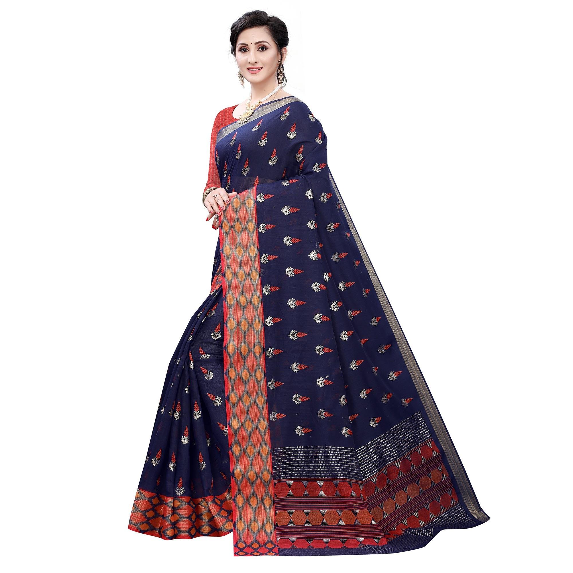 Blue Casual Wear Foil Printed Cotton Silk Saree - Peachmode