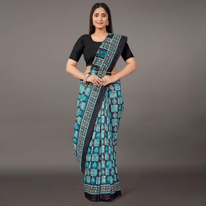 Blue Casual Wear Geometric Printed Art Silk Saree - Peachmode