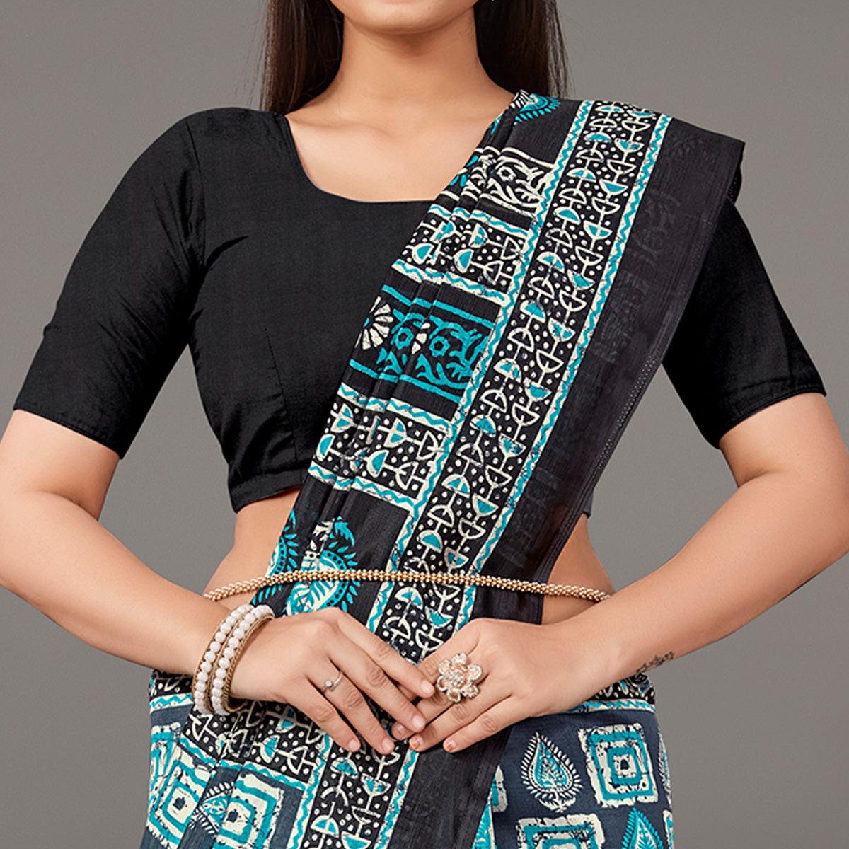 Blue Casual Wear Geometric Printed Art Silk Saree - Peachmode