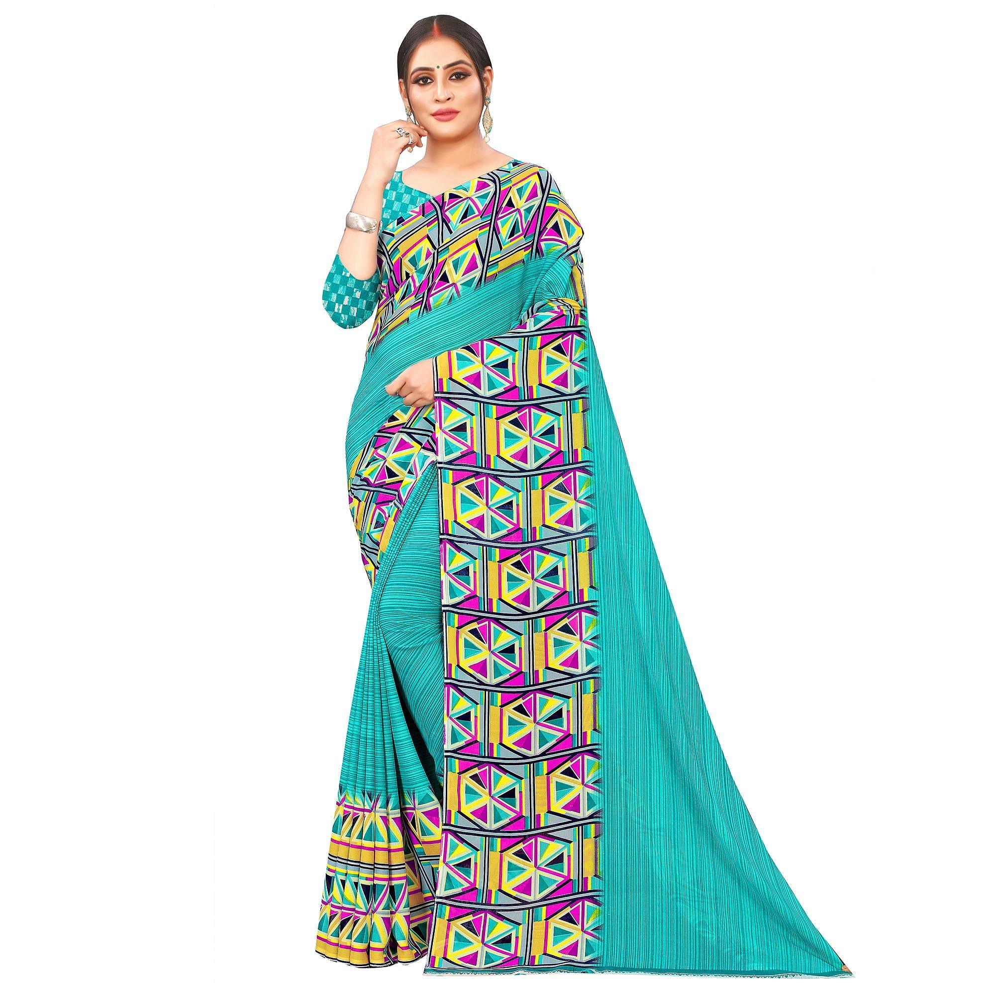 Blue Casual Wear Geometric Printed Georgette Saree - Peachmode
