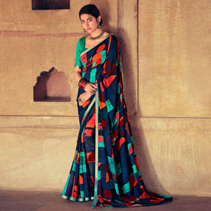 Blue Casual Wear Geometric Printed Heavy Micro Saree - Peachmode