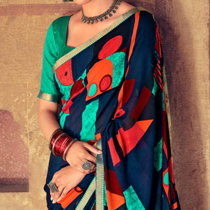 Blue Casual Wear Geometric Printed Heavy Micro Saree - Peachmode