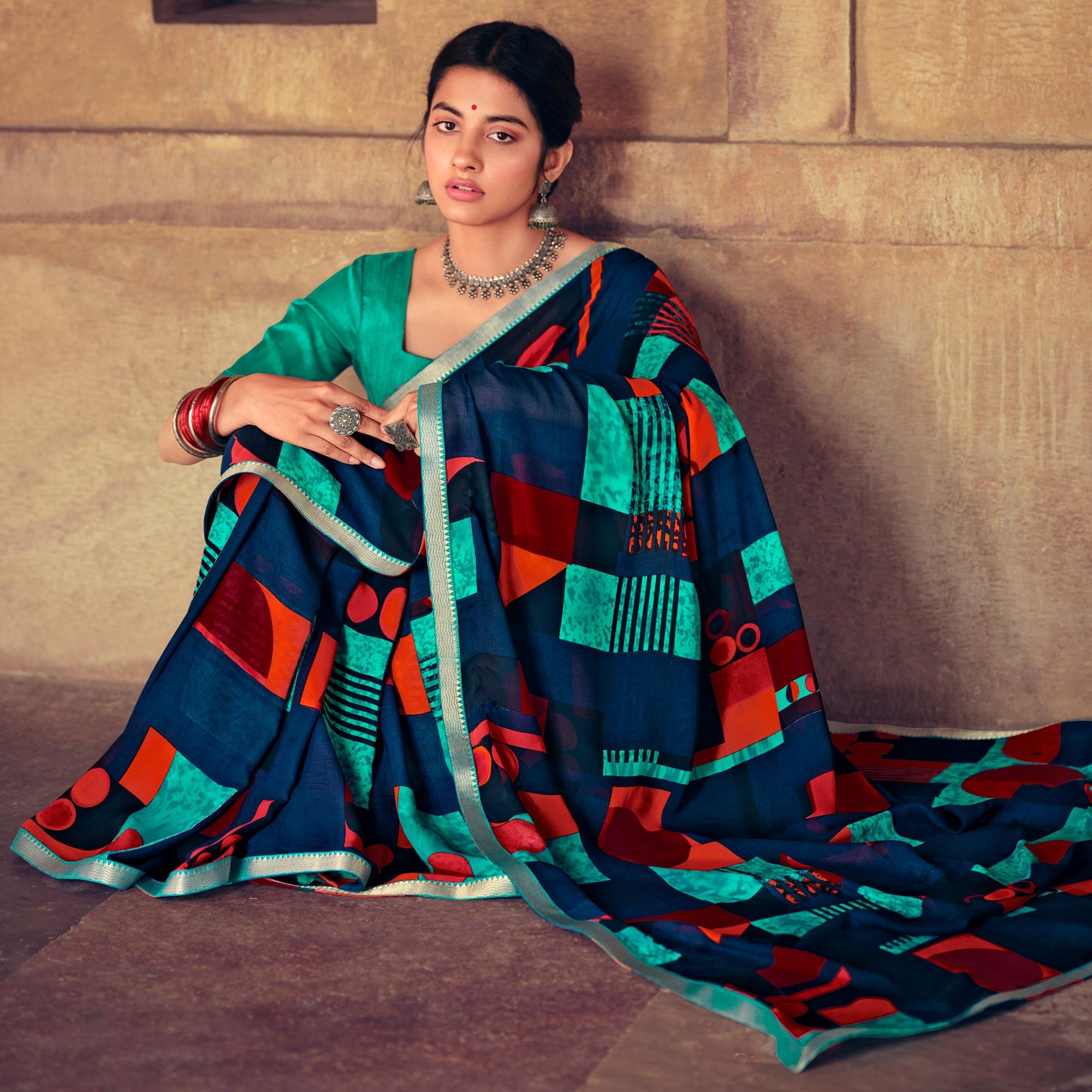 Blue Casual Wear Geometric Printed Heavy Micro Saree - Peachmode