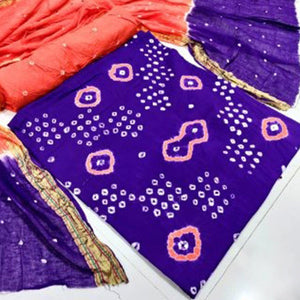 Blue Casual Wear Hand Bandhej Cotton Dress Material - Peachmode