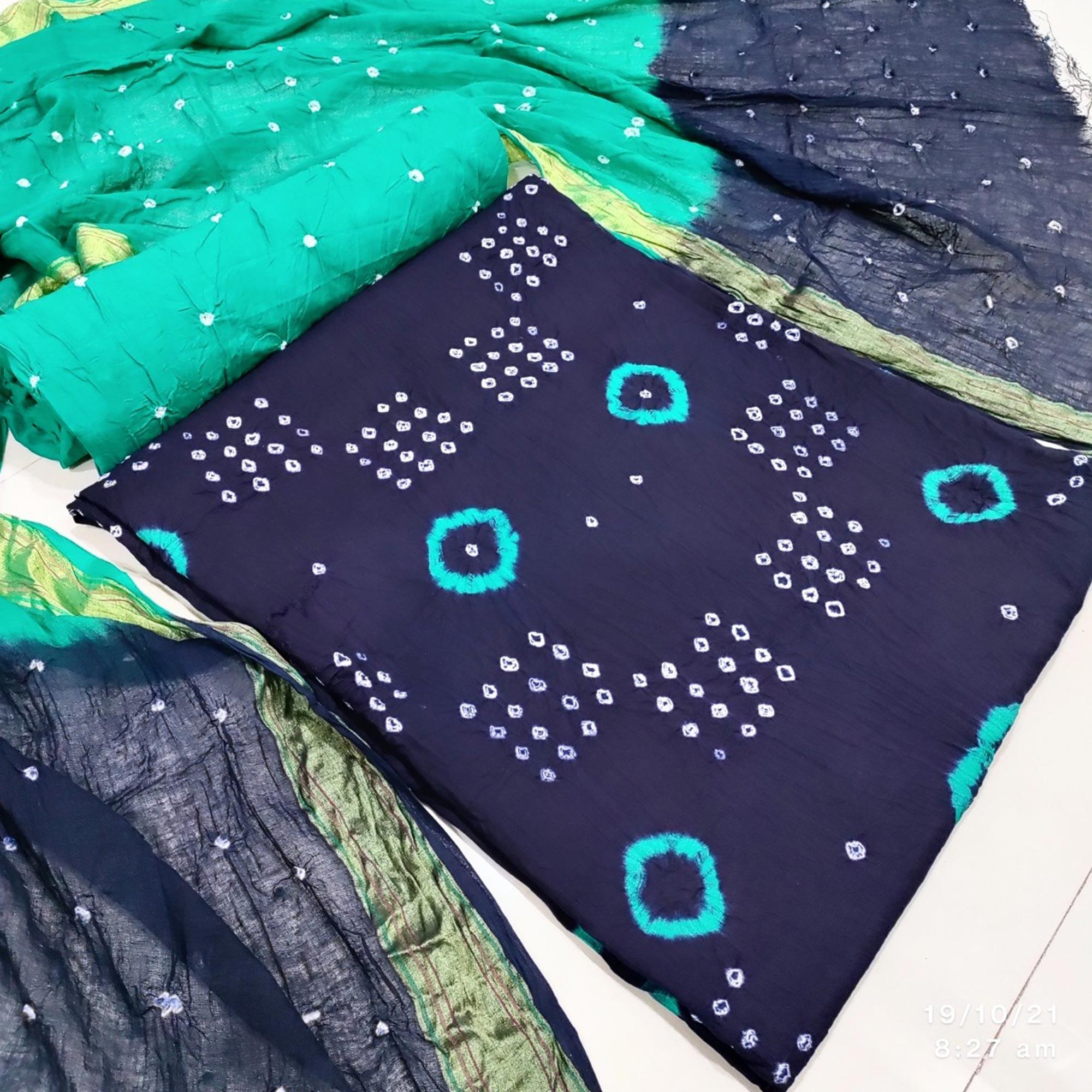 Blue Casual Wear Hand Bandhej Cotton Dress Material - Peachmode