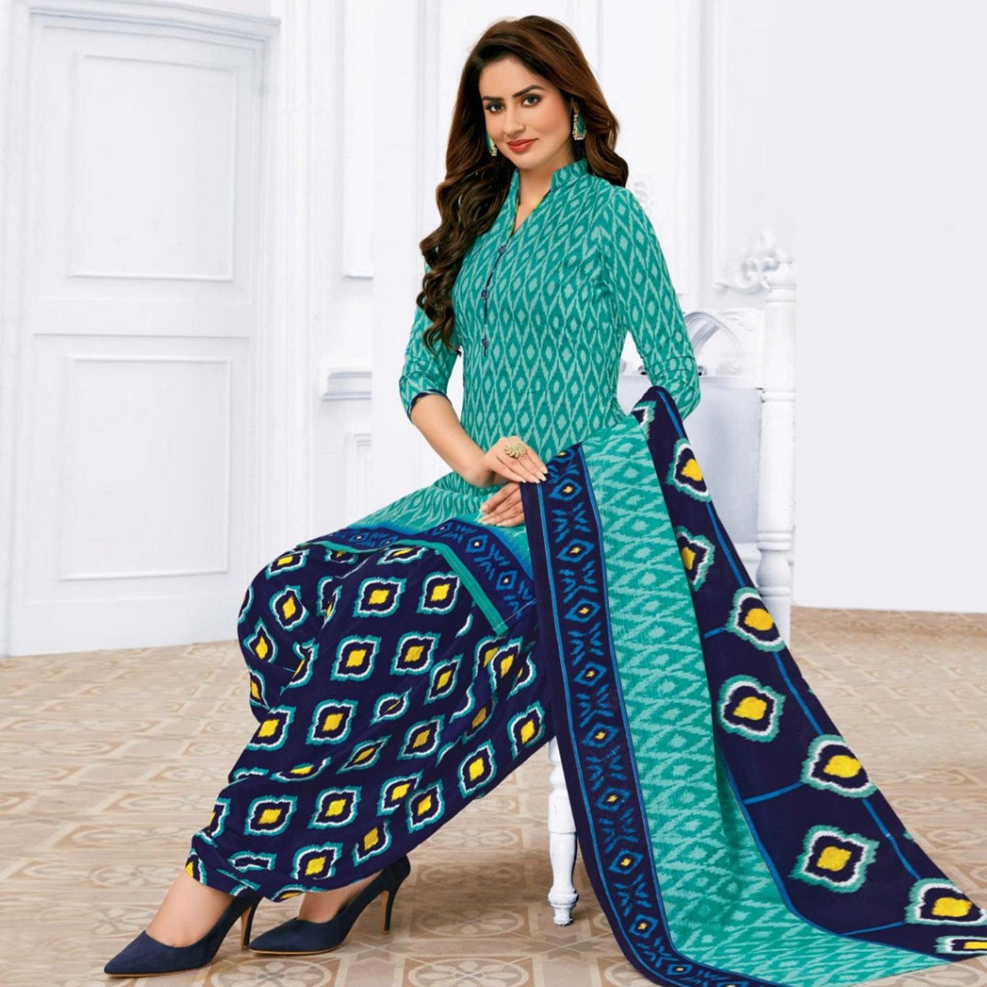 Blue Casual Wear Ikat Printed Cotton Patiala Dress Material - Peachmode