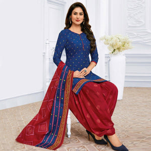 Blue Casual Wear Ikat Printed Cotton Patiala Dress Material - Peachmode