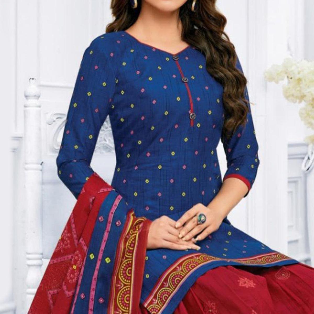 Blue Casual Wear Ikat Printed Cotton Patiala Dress Material - Peachmode