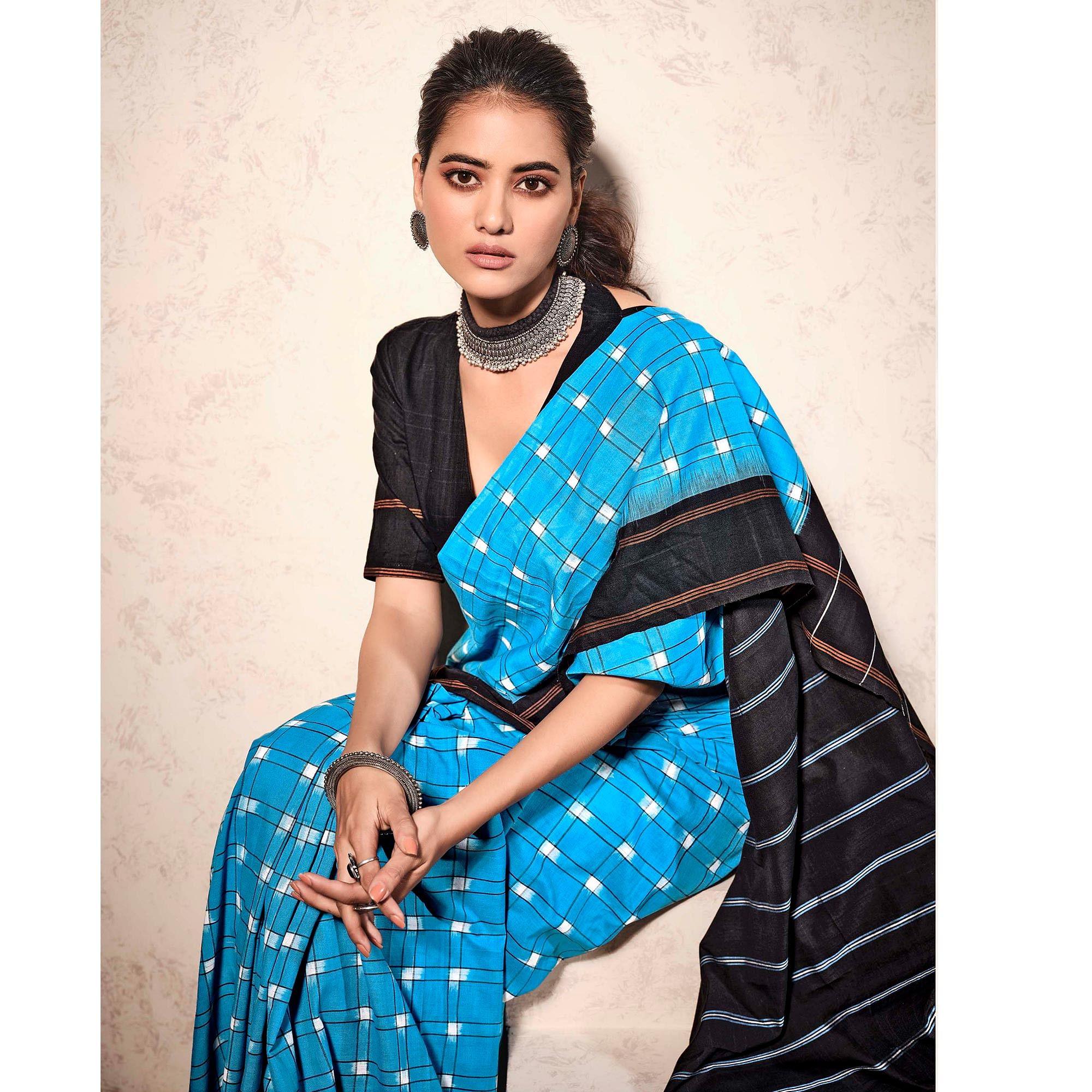 Blue Casual Wear Ikkat Printed Mul Mul Cotton Saree - Peachmode