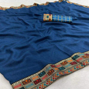 Blue Casual Wear Jacquard Lace Border Silk Saree With Tassels - Peachmode