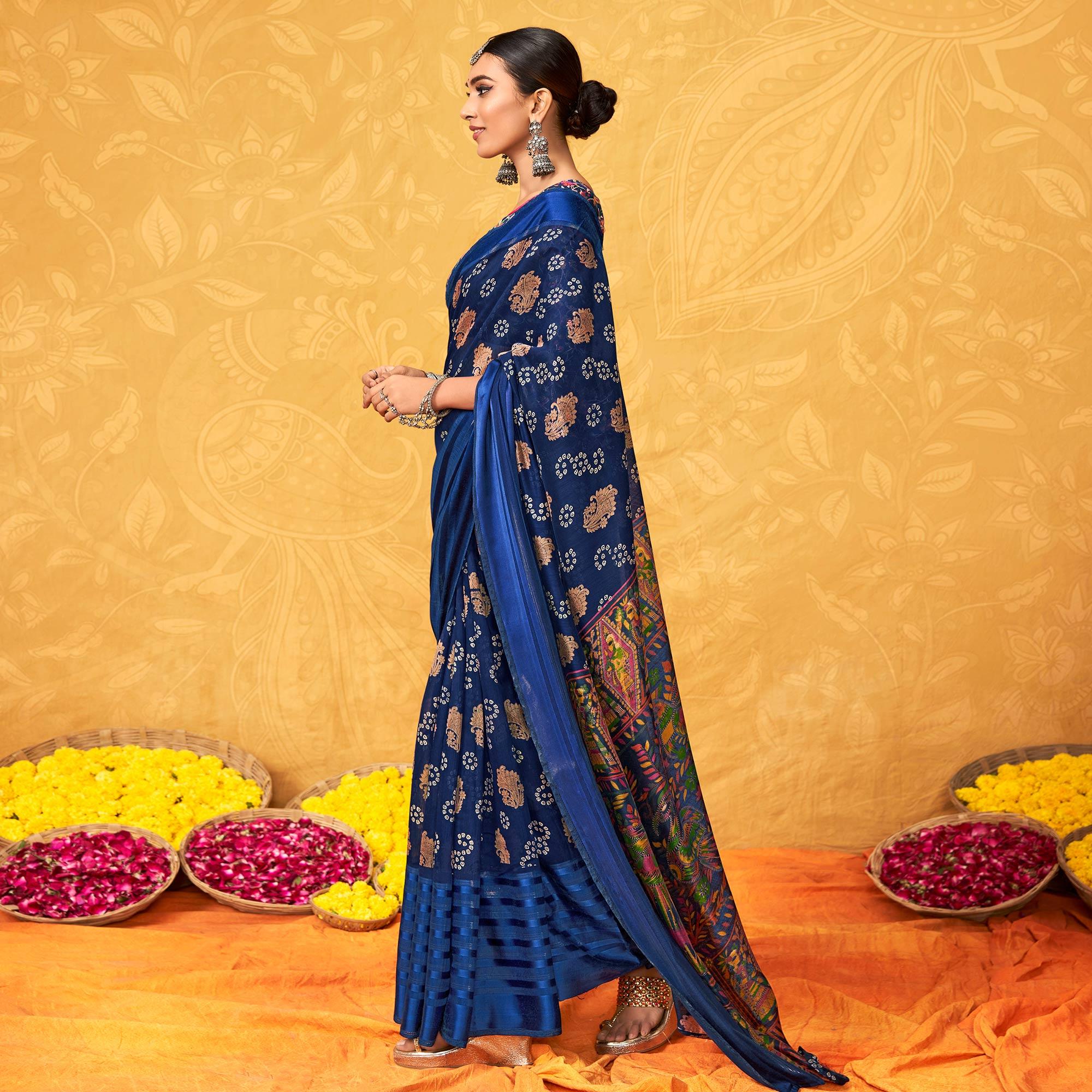 Blue Casual Wear KalamKari Block Printed Cotton Satin Saree - Peachmode