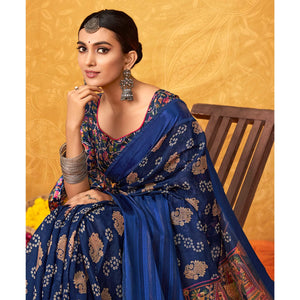 Blue Casual Wear KalamKari Block Printed Cotton Satin Saree - Peachmode