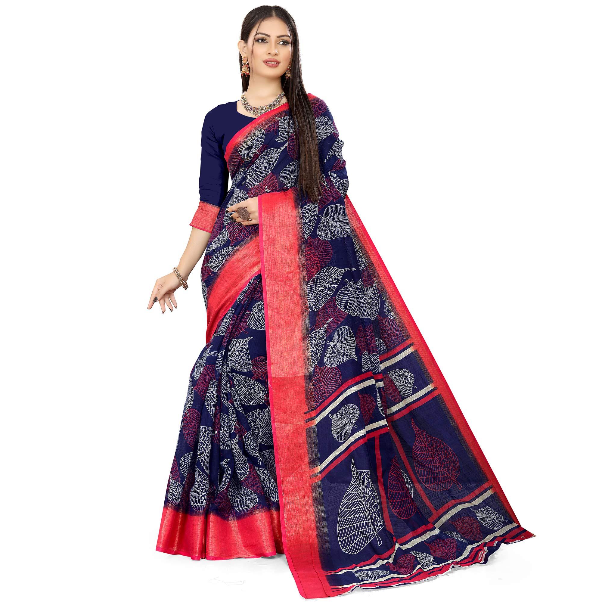 Blue Casual Wear Leaf Printed Cotton Linen Saree - Peachmode