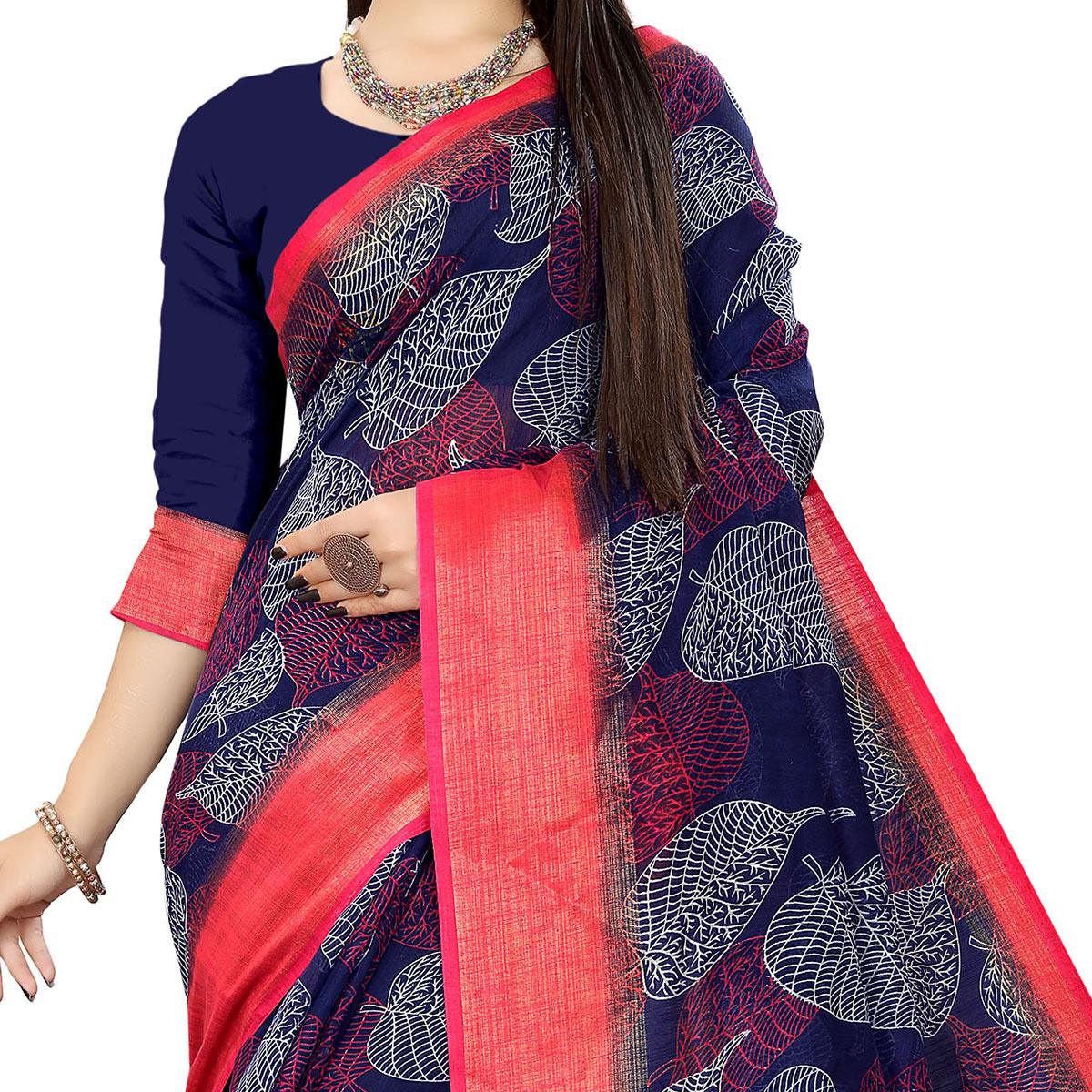 Blue Casual Wear Leaf Printed Cotton Linen Saree - Peachmode