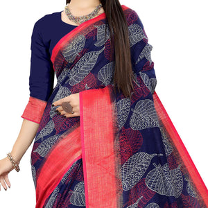 Blue Casual Wear Leaf Printed Cotton Linen Saree - Peachmode