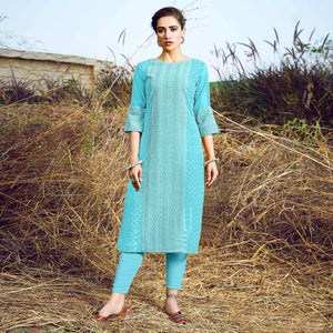 Blue Casual Wear Lucknowi Embroidered Georgette Kurti - Peachmode