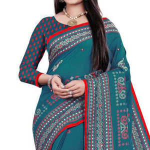 Blue Casual Wear Print With Mirror Work Jute Saree - Peachmode