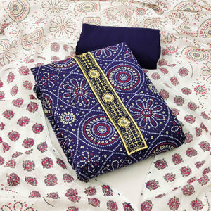 Blue Casual Wear Print With Sequence Embroidered Cotton Dress Material - Peachmode