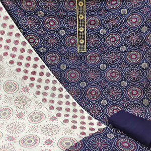 Blue Casual Wear Print With Sequence Embroidered Cotton Dress Material - Peachmode