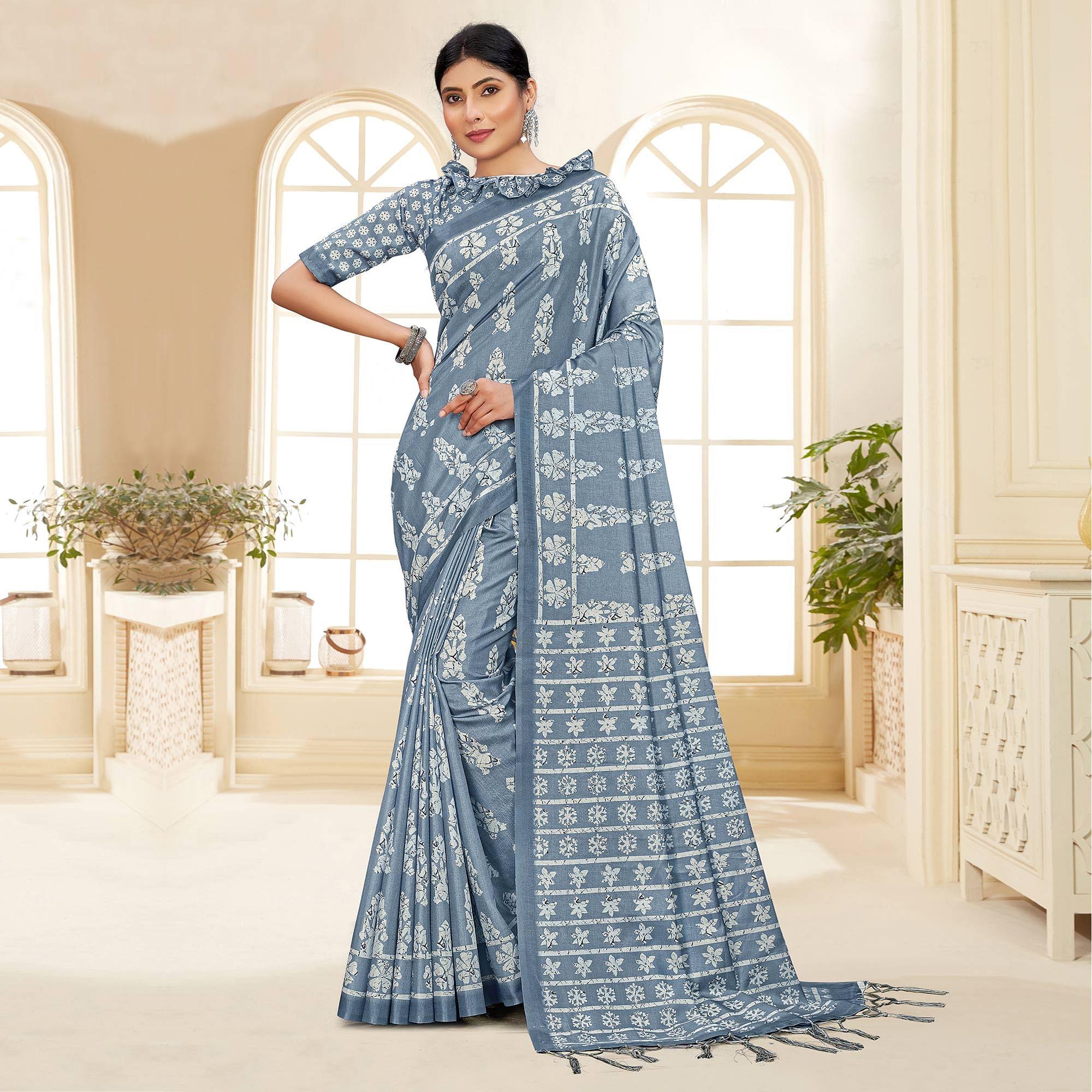 Blue Casual Wear Printed Art Silk Saree - Peachmode