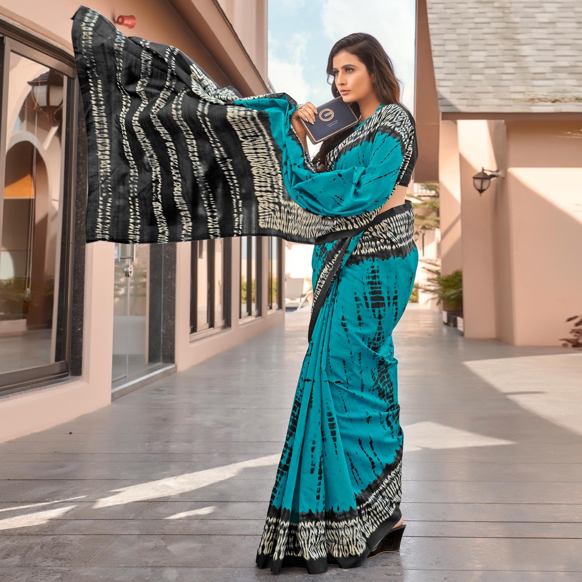 Blue Casual Wear Printed Bhagalpuri Sarees - Peachmode