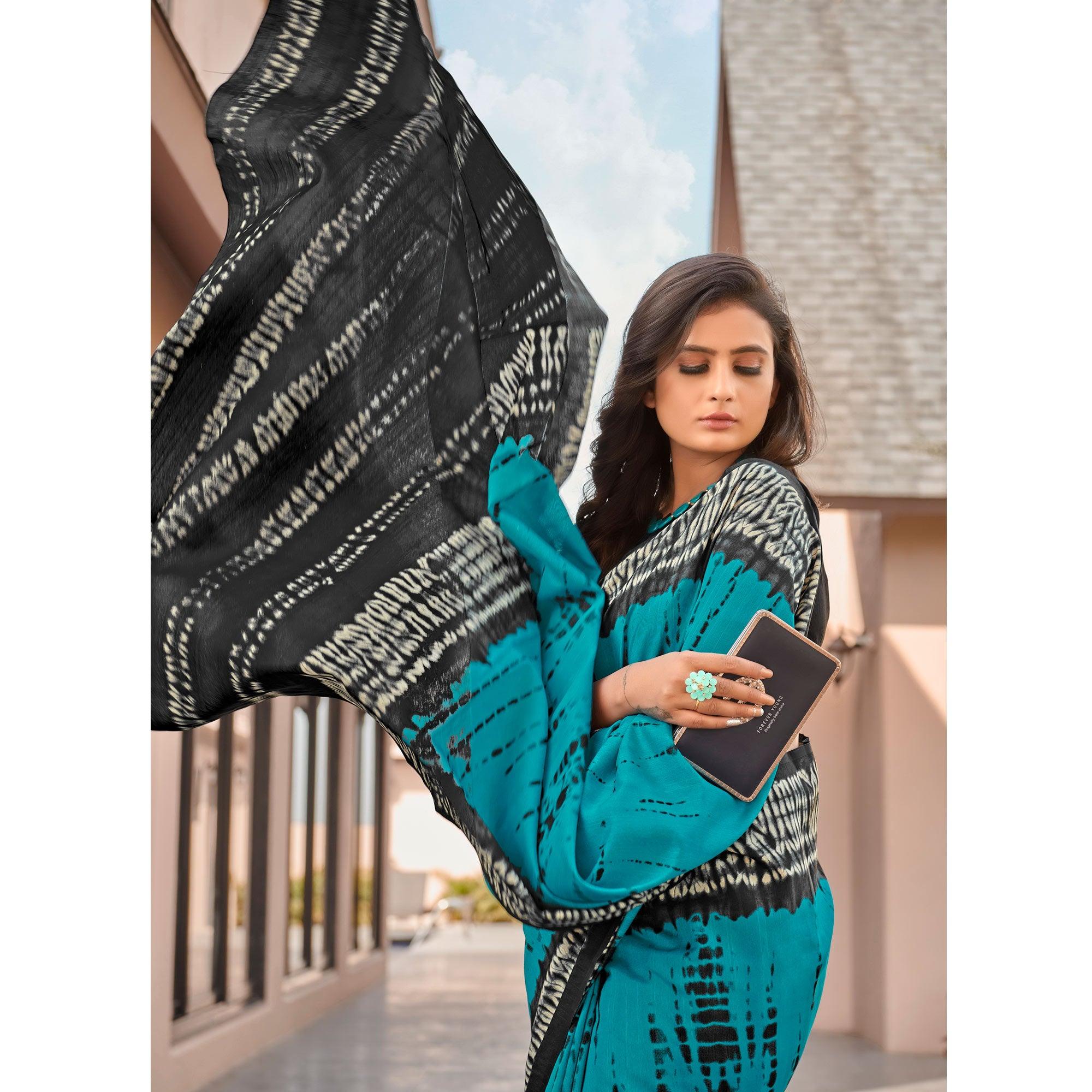 Blue Casual Wear Printed Bhagalpuri Sarees - Peachmode
