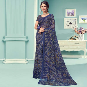 Blue Casual Wear Printed Chiffon Bandhani Saree - Peachmode