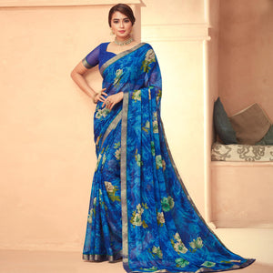 Blue Casual Wear Printed Chiffon Saree - Peachmode