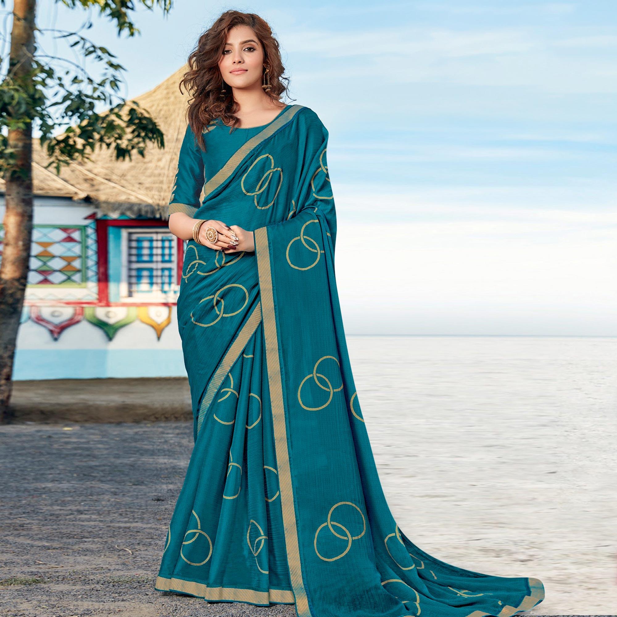 Blue Casual Wear Printed Chiffon Saree - Peachmode